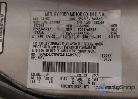 2004 Ford Explorer Limited z USA, uszkodzony, nr VIN 1FMDU75WX4UA85788